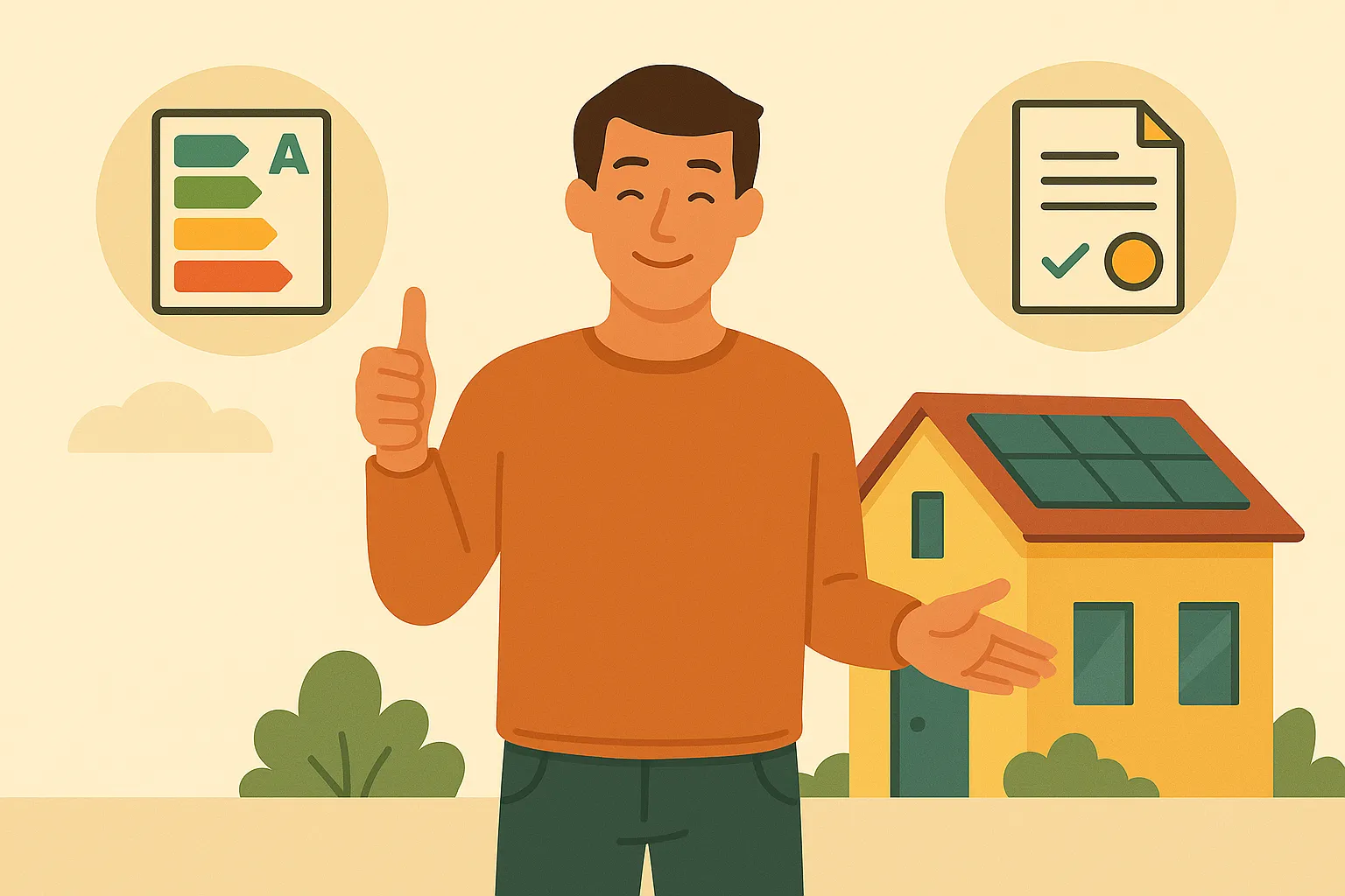 Hombre feliz frente a casa eficiente con placas solares y beneficios fiscales por eficiencia energética
