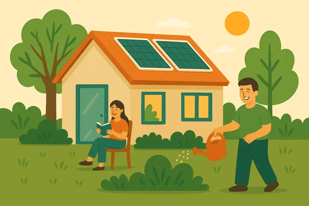 Familia disfruta en jardín de casa sostenible con paneles solares en el tejado.