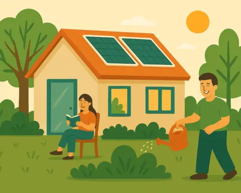 Familia disfruta en jardín de casa sostenible con paneles solares en el tejado.