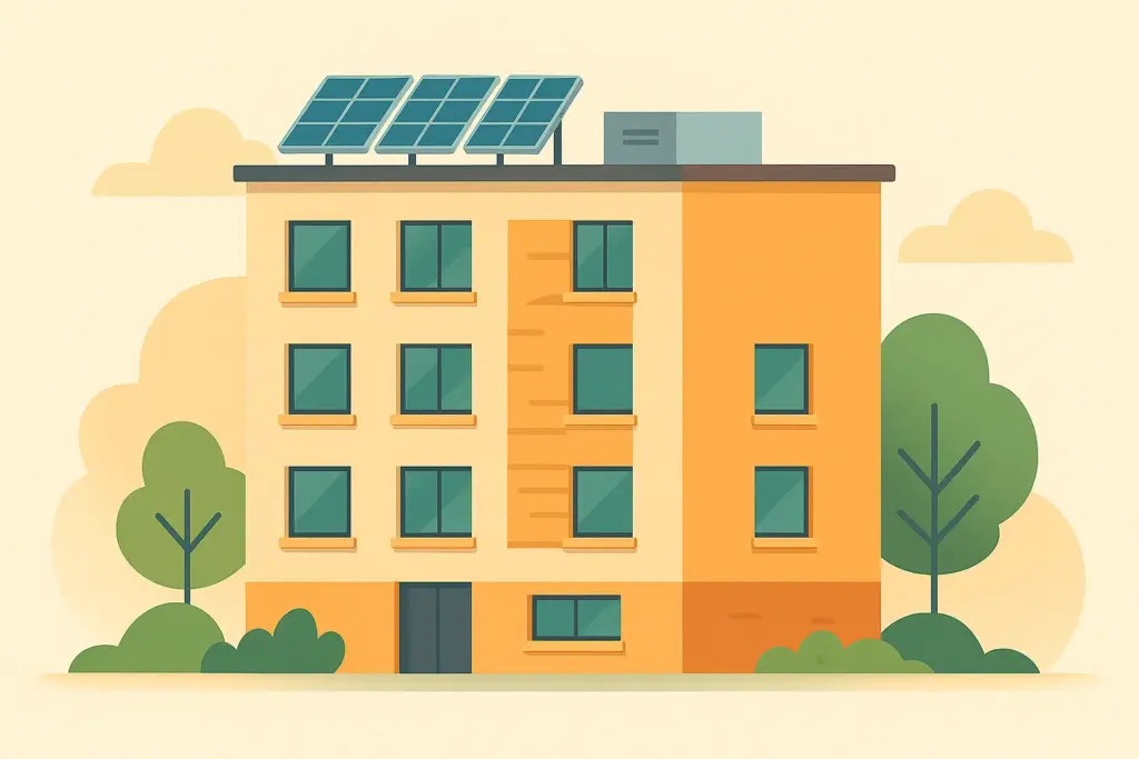 Edificio moderno con paneles solares y ventanas eficientes rodeado de árboles.