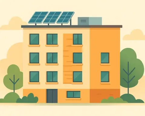 Edificio moderno con paneles solares y ventanas eficientes rodeado de árboles.