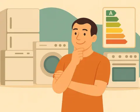 Hombre evaluando electrodomésticos con etiquetas de eficiencia energética para ahorrar energía