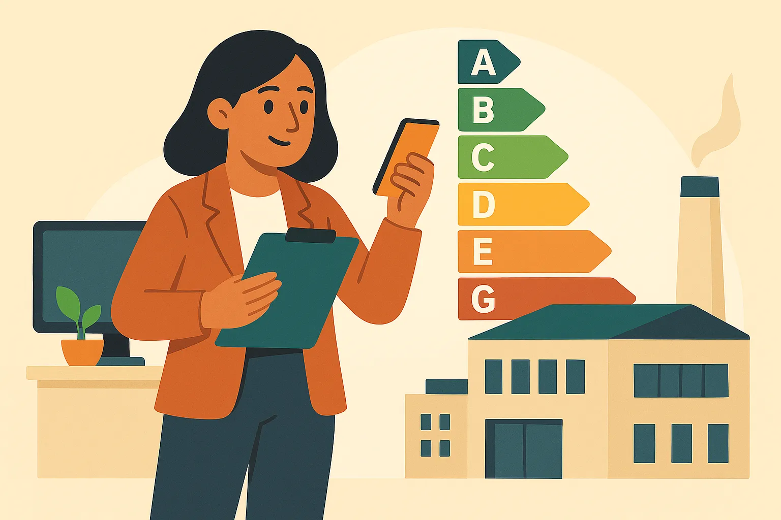Mujer revisa eficiencia energética junto a edificio moderno y gráfico de etiquetas energéticas.