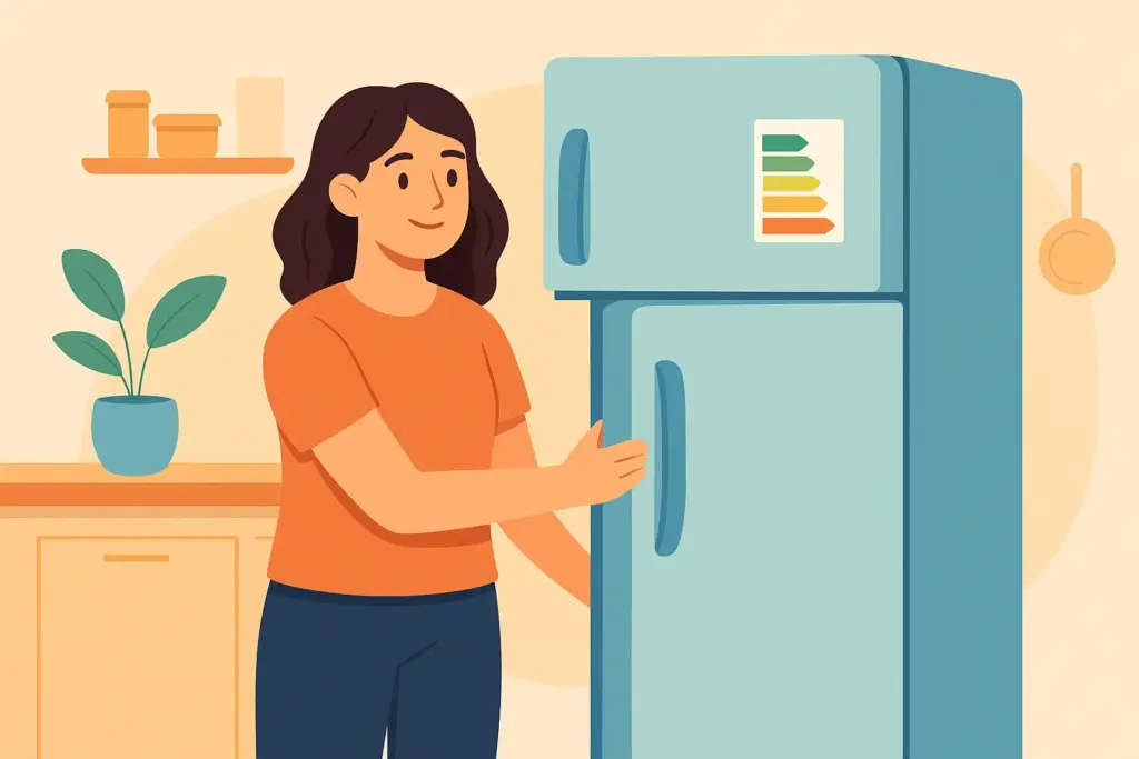 Mujer abre frigorífico con etiqueta energética en cocina acogedora.