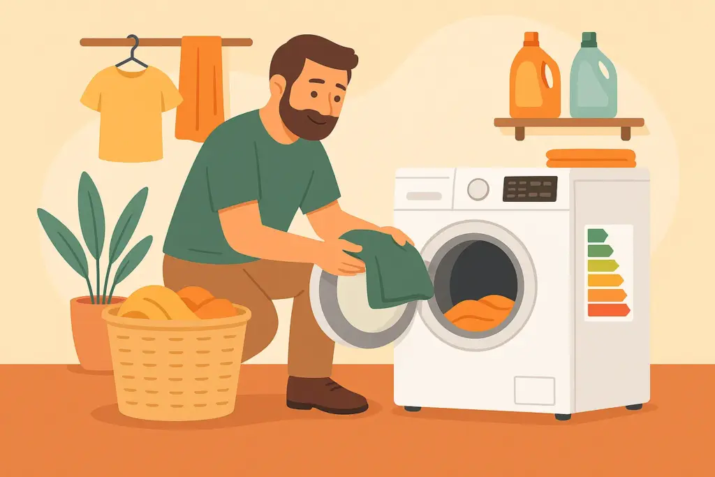 Hombre carga ropa en lavadora con etiqueta de eficiencia energética.