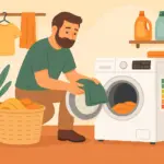 Hombre carga ropa en lavadora con etiqueta de eficiencia energética.