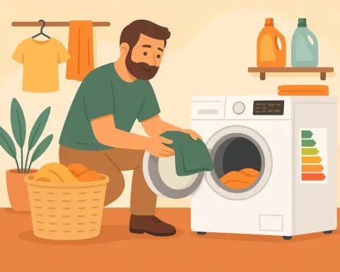 Hombre carga ropa en lavadora con etiqueta de eficiencia energética.