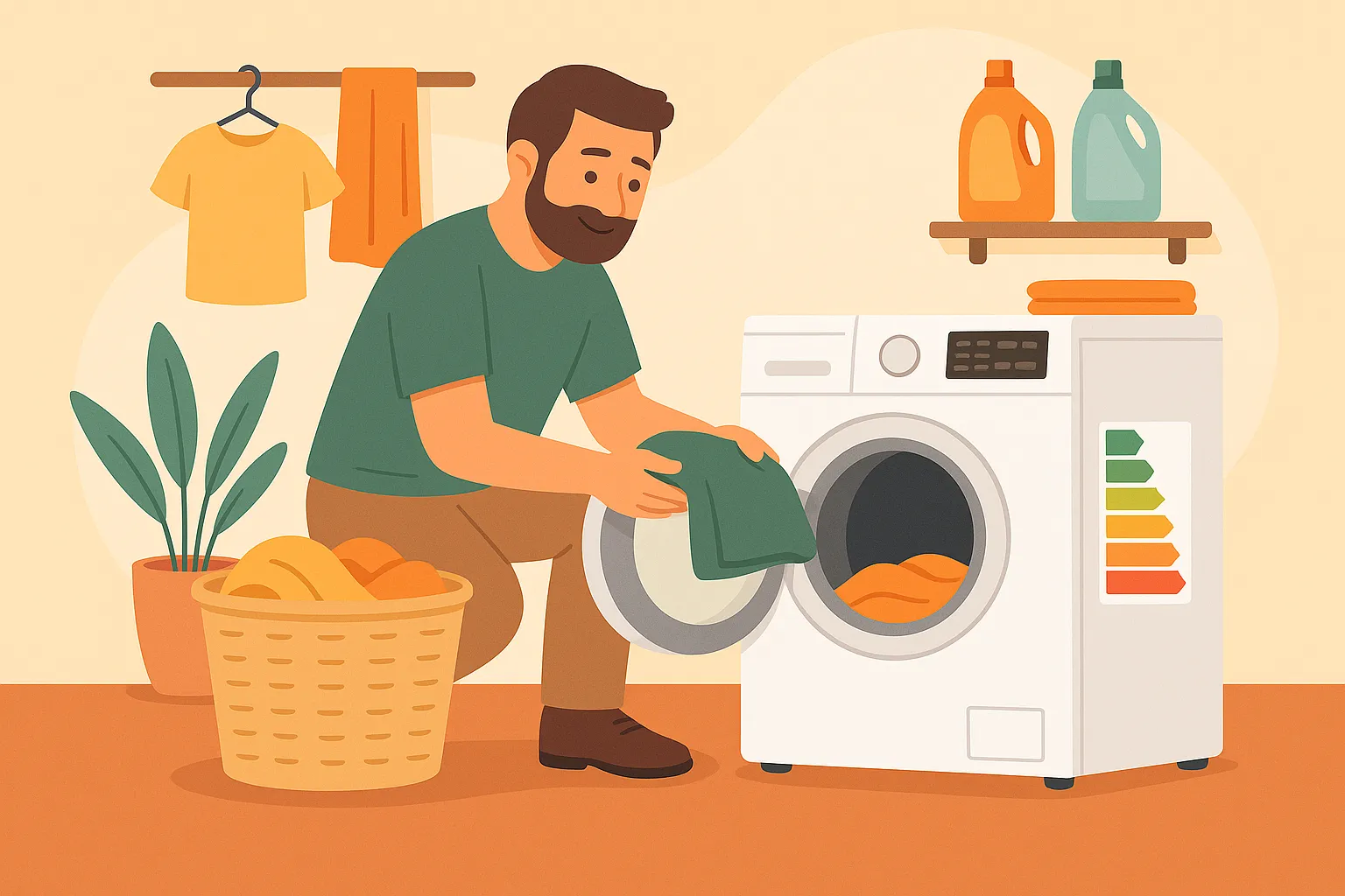 Hombre carga ropa en lavadora con etiqueta de eficiencia energética.