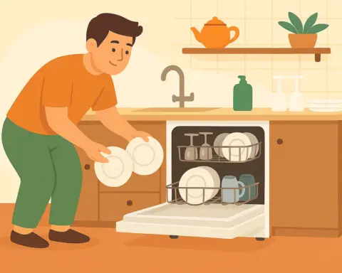 Hombre coloca platos en lavavajillas eficiente en cocina bien organizada.