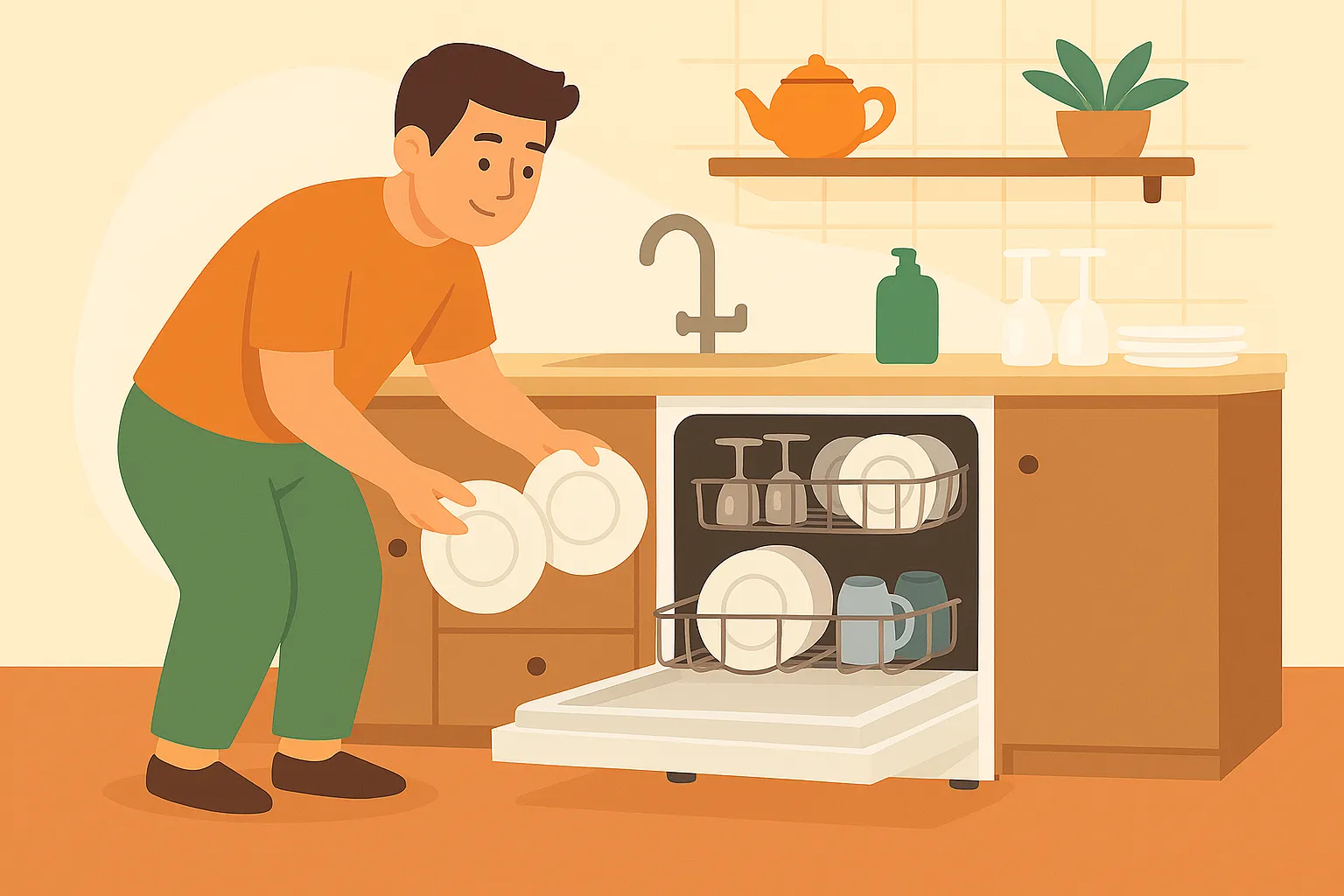 Hombre coloca platos en lavavajillas eficiente en cocina bien organizada.