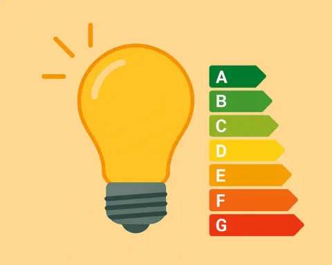 Ilustración de una bombilla encendida junto a una etiqueta de eficiencia energética con franjas de la A a la G