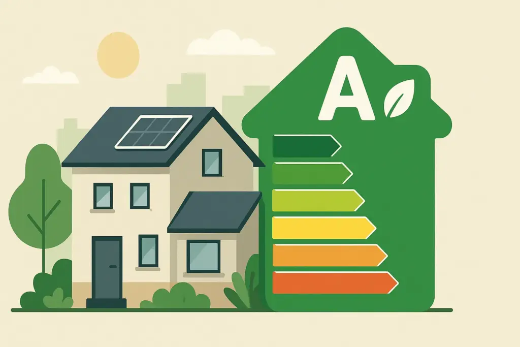 Ilustración de casa con panel solar y etiqueta de eficiencia energética tipo A en color verde.