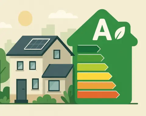 Ilustración de casa con panel solar y etiqueta de eficiencia energética tipo A en color verde.