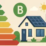 Ilustración de casa con paneles solares conectada a contador eléctrico y etiqueta de eficiencia tipo B.