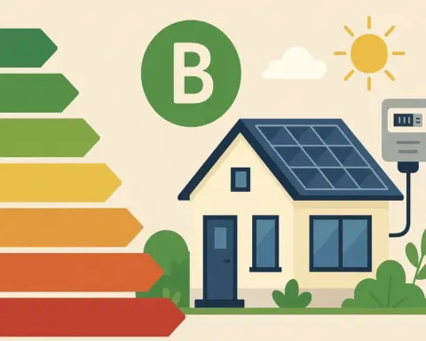 Ilustración de casa con paneles solares conectada a contador eléctrico y etiqueta de eficiencia tipo B.