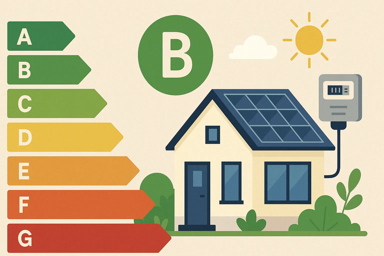 Ilustración de casa con paneles solares conectada a contador eléctrico y etiqueta de eficiencia tipo B.