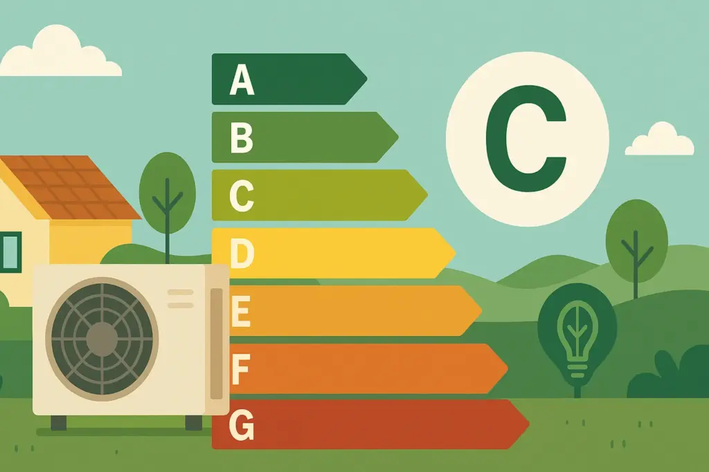 Ilustración de unidad exterior de aire acondicionado junto a casa y etiqueta de eficiencia energética tipo C.