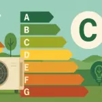 Ilustración de unidad exterior de aire acondicionado junto a casa y etiqueta de eficiencia energética tipo C.