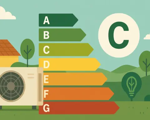 Ilustración de unidad exterior de aire acondicionado junto a casa y etiqueta de eficiencia energética tipo C.