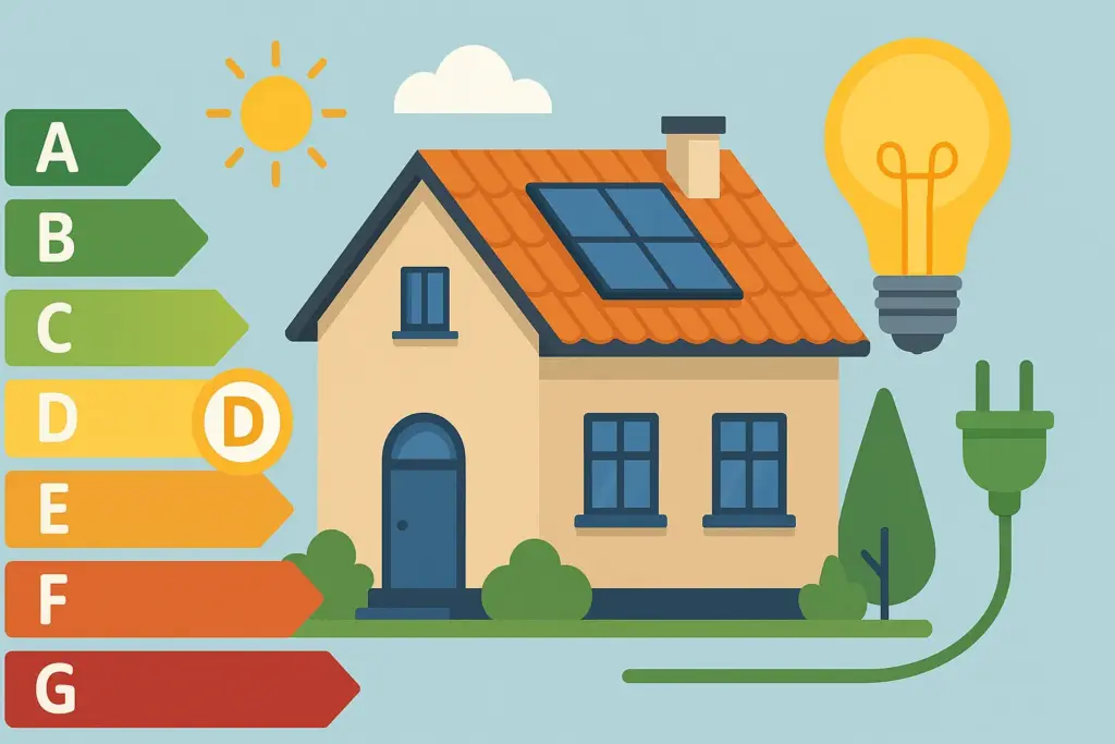 Ilustración de casa con panel solar, bombilla y etiqueta de eficiencia energética tipo D.