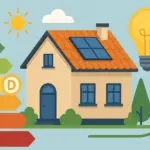 Ilustración de casa con panel solar, bombilla y etiqueta de eficiencia energética tipo D.