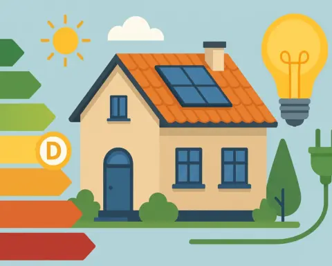 Ilustración de casa con panel solar, bombilla y etiqueta de eficiencia energética tipo D.