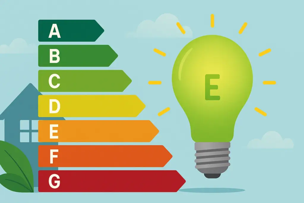 Ilustración de una bombilla verde con la letra E, acompañada de una escala de eficiencia energética que va de la A a la G.