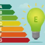 Ilustración de una bombilla verde con la letra E, acompañada de una escala de eficiencia energética que va de la A a la G.