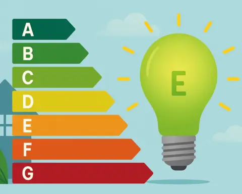 Ilustración de una bombilla verde con la letra E, acompañada de una escala de eficiencia energética que va de la A a la G.