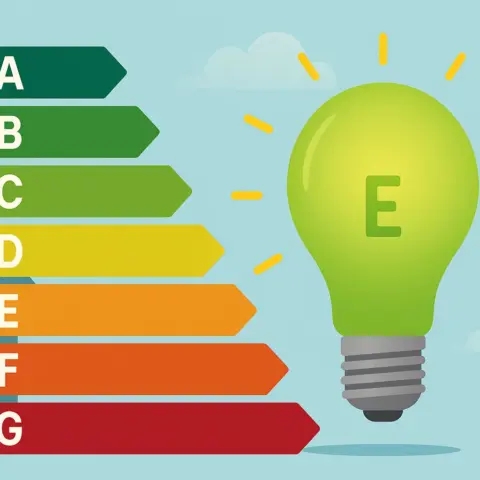 Ilustración de una bombilla verde con la letra E, acompañada de una escala de eficiencia energética que va de la A a la G.