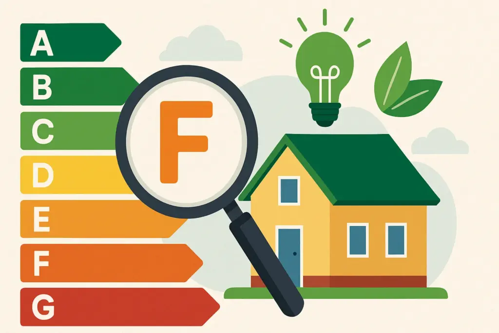 Ilustración de una vivienda con calificación energética F, destacada por una lupa sobre una escala de eficiencia energética de la A a la G.