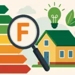 Ilustración de una vivienda con calificación energética F, destacada por una lupa sobre una escala de eficiencia energética de la A a la G.