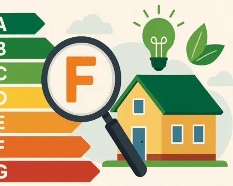 Ilustración de una vivienda con calificación energética F, destacada por una lupa sobre una escala de eficiencia energética de la A a la G.