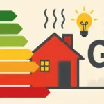 Ilustración de una casa con calificación energética G, representada en color rojo y acompañada de una bombilla encendida, junto a una escala de eficiencia energética de la A a la G.