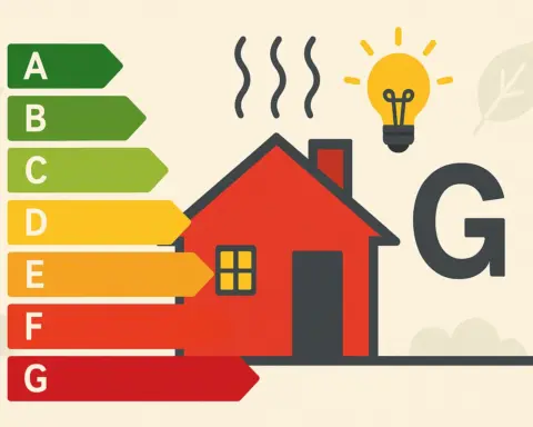 Ilustración de una casa con calificación energética G, representada en color rojo y acompañada de una bombilla encendida, junto a una escala de eficiencia energética de la A a la G.
