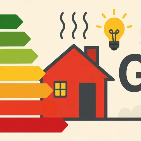 Ilustración de una casa con calificación energética G, representada en color rojo y acompañada de una bombilla encendida, junto a una escala de eficiencia energética de la A a la G.