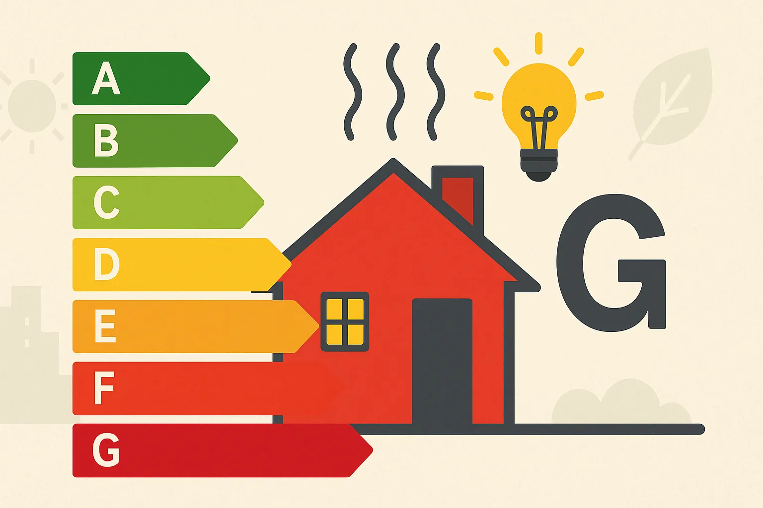 Ilustración de una casa con calificación energética G, representada en color rojo y acompañada de una bombilla encendida, junto a una escala de eficiencia energética de la A a la G.