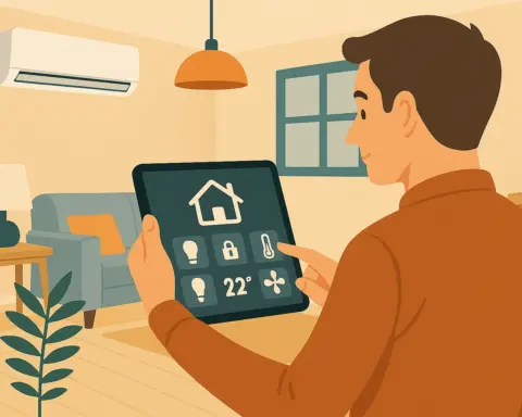 Hombre controla dispositivos inteligentes en salón eficiente desde una tablet.