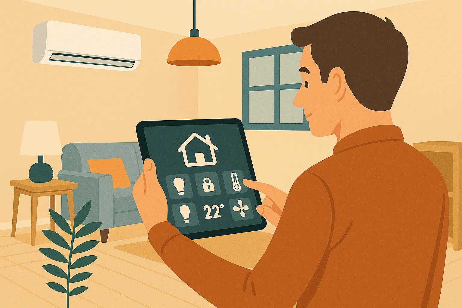 Hombre controla dispositivos inteligentes en salón eficiente desde una tablet.