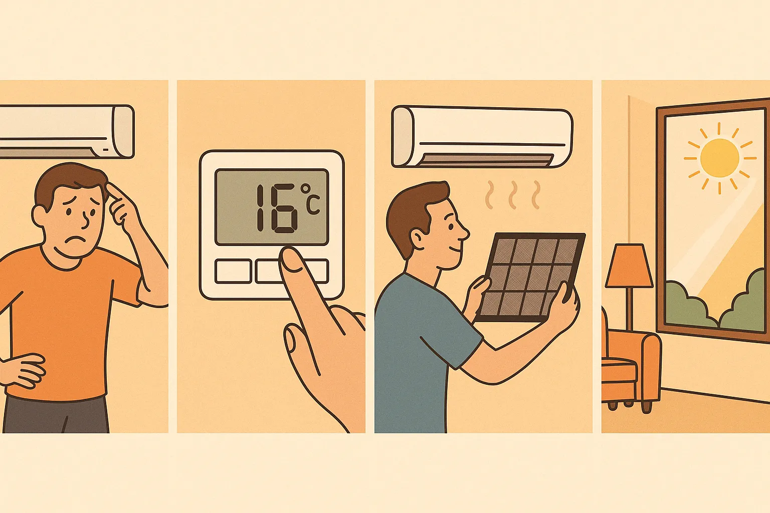Errores comunes que afectan al ahorro en climatización eficiente: mala temperatura, filtros sucios y sol directo