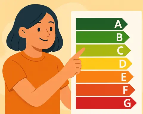 Mujer señalando una etiqueta de eficiencia energética que clasifica desde A hasta G
