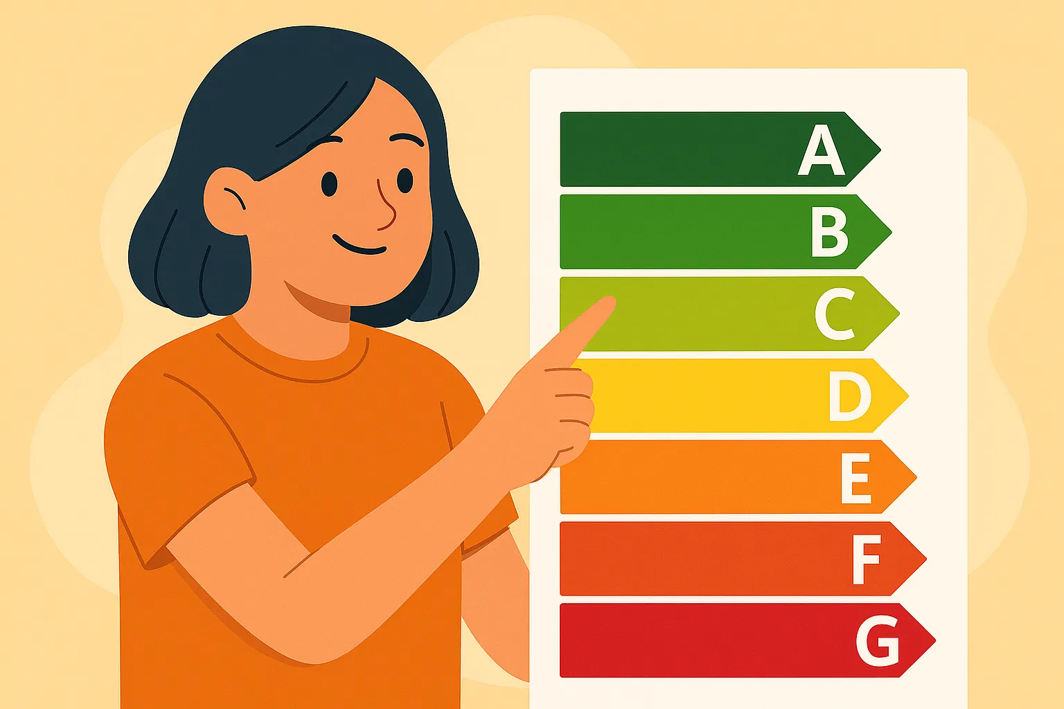 Mujer señalando una etiqueta de eficiencia energética que clasifica desde A hasta G