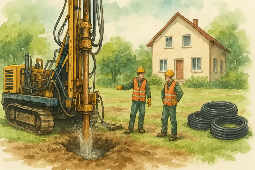 Máquina perforadora instalando geotermia en el jardín de una casa, en plena fase de obra.