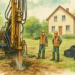 Máquina perforadora instalando geotermia en el jardín de una casa, en plena fase de obra.