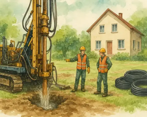 Máquina perforadora instalando geotermia en el jardín de una casa, en plena fase de obra.