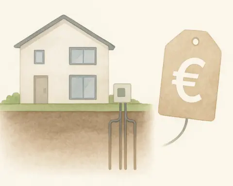 Ilustración de una casa con geotermia y una gran etiqueta de precio al lado, mostrando su coste.