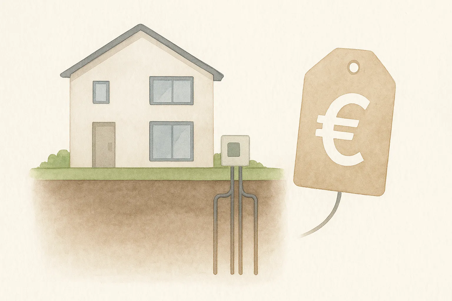 Ilustración de una casa con geotermia y una gran etiqueta de precio al lado, mostrando su coste.