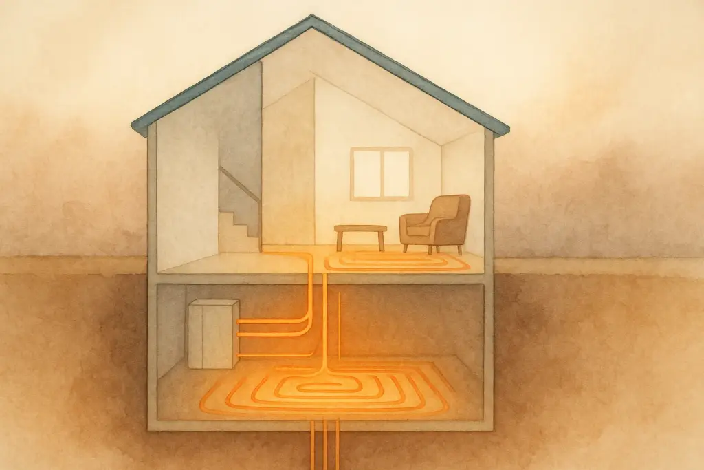 Esquema del funcionamiento de la geotermia. Muestra la captación de calor del subsuelo.
