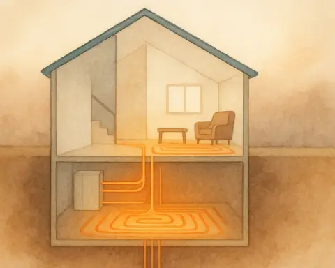 Esquema del funcionamiento de la geotermia. Muestra la captación de calor del subsuelo.