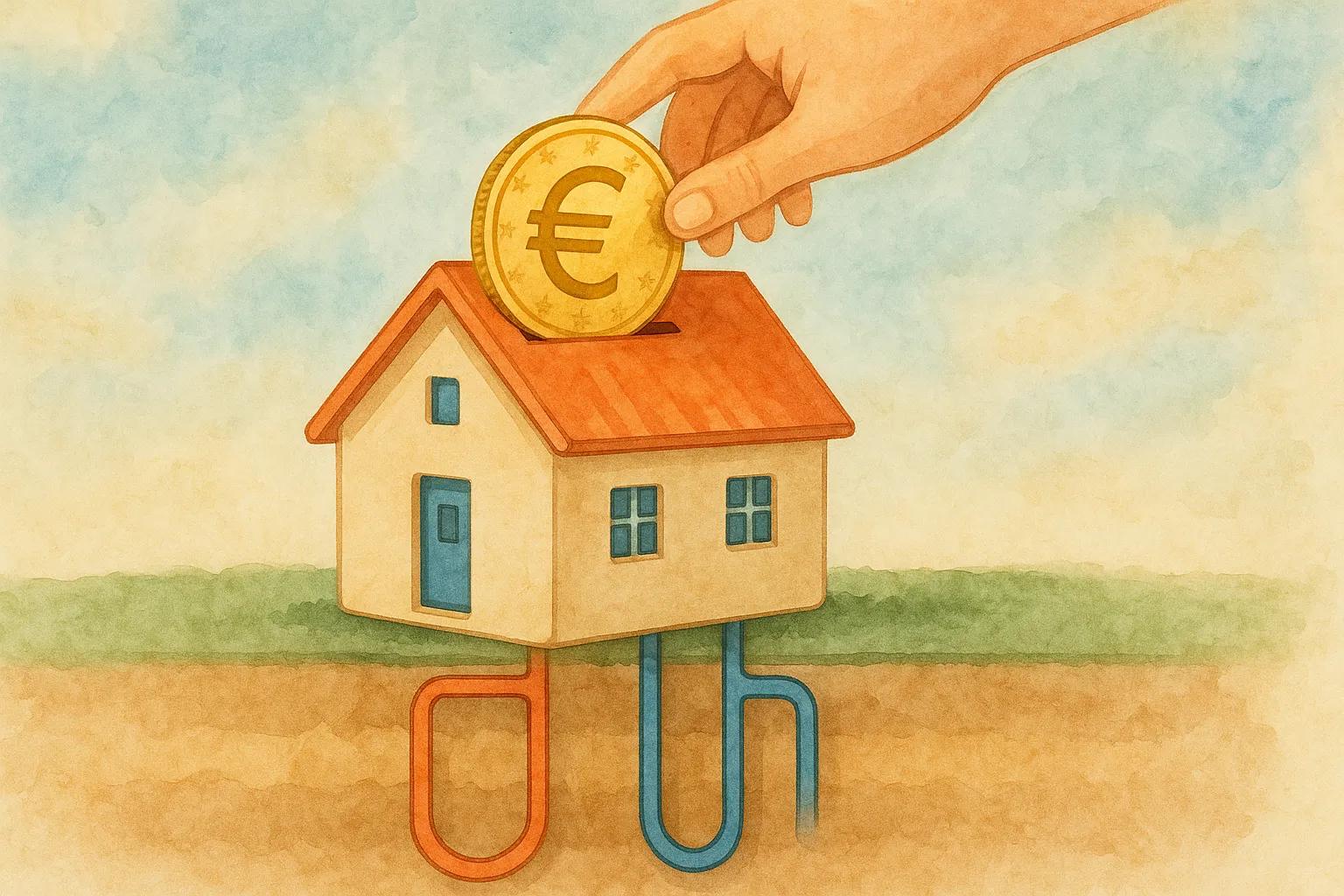 Mano que inserta una moneda de euro en una casa con geotermia, simbolizando las subvenciones.